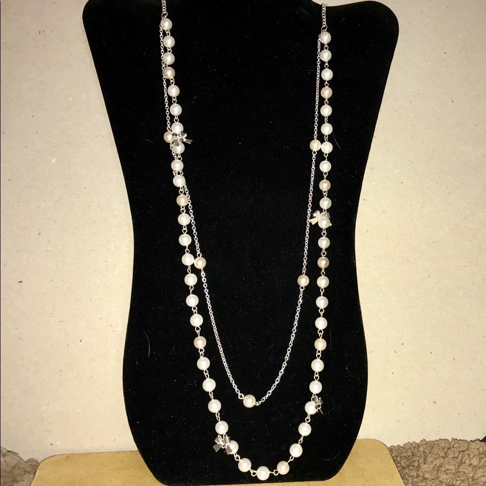 Silver & Pearls, w/Tiny Bows, 32-36” Necklace